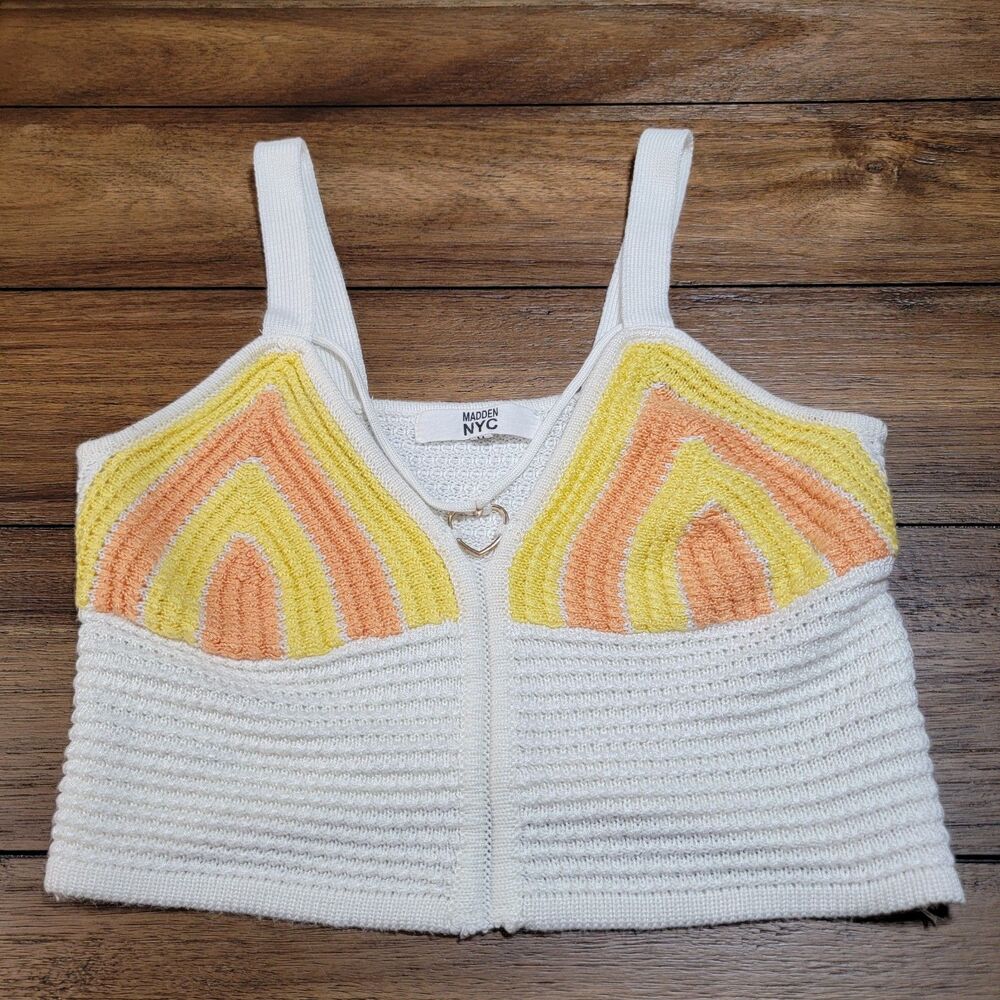Madden NYC Knit Crop Top Tank Cream Yellow & Orange - Size Medium